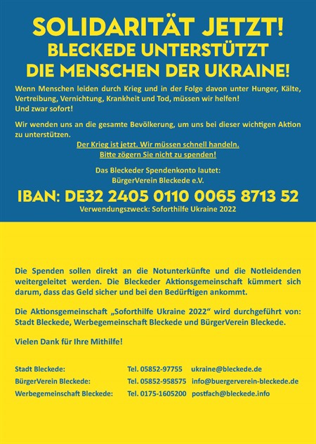 Flyer zum Spendenaufruf von Aktionsgemeinschaft "Soforthilfe Ukraine 2022"